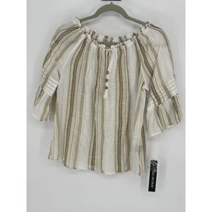 Unique Spectrum Ivory/Green Striped Blouse with Tassels Small